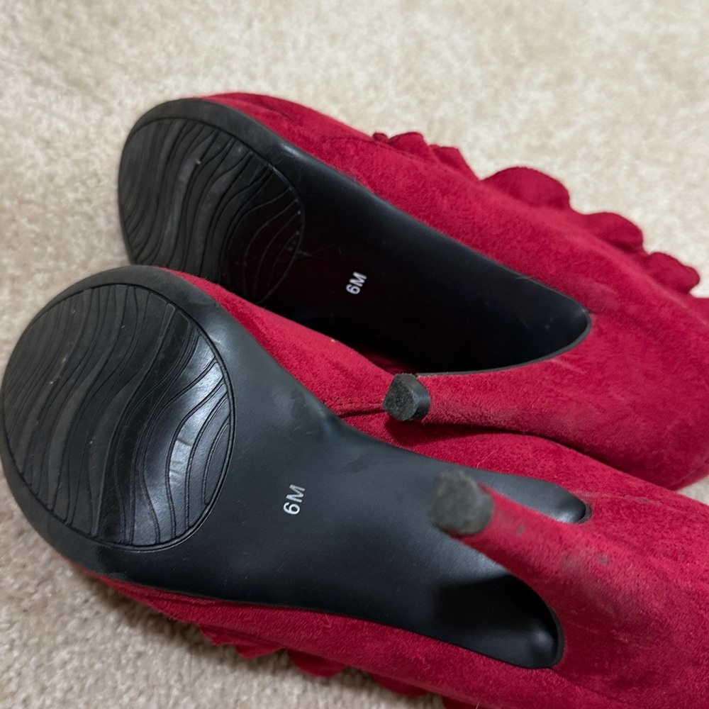 IMPO Red Faux Suede Ankle Boots with Ruffle Detail - Picture 6 of 6